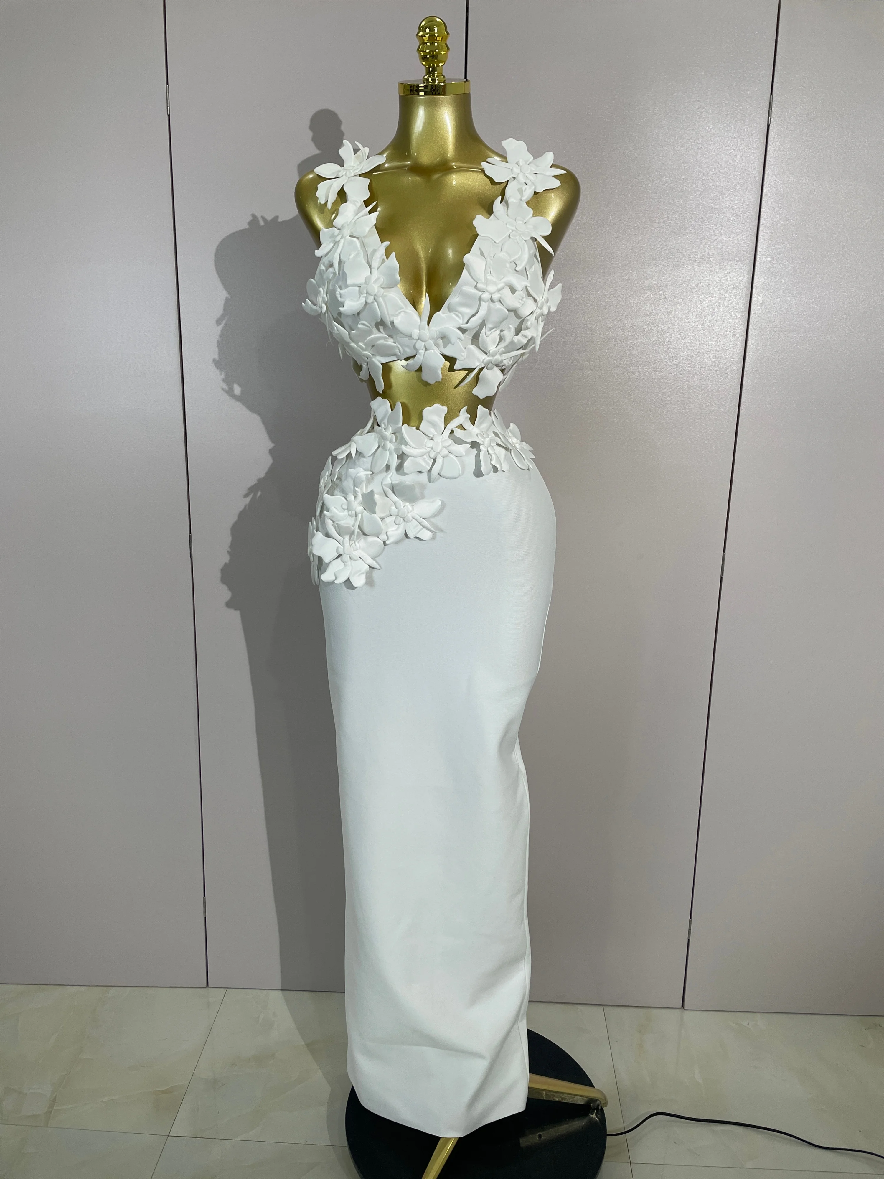 Women Sexy White Flowers V-Neck Tops Bodycon Long Dress Two Pieces Set Eveing Party Prom Gown Nightclub Celebrate Birthday Dress