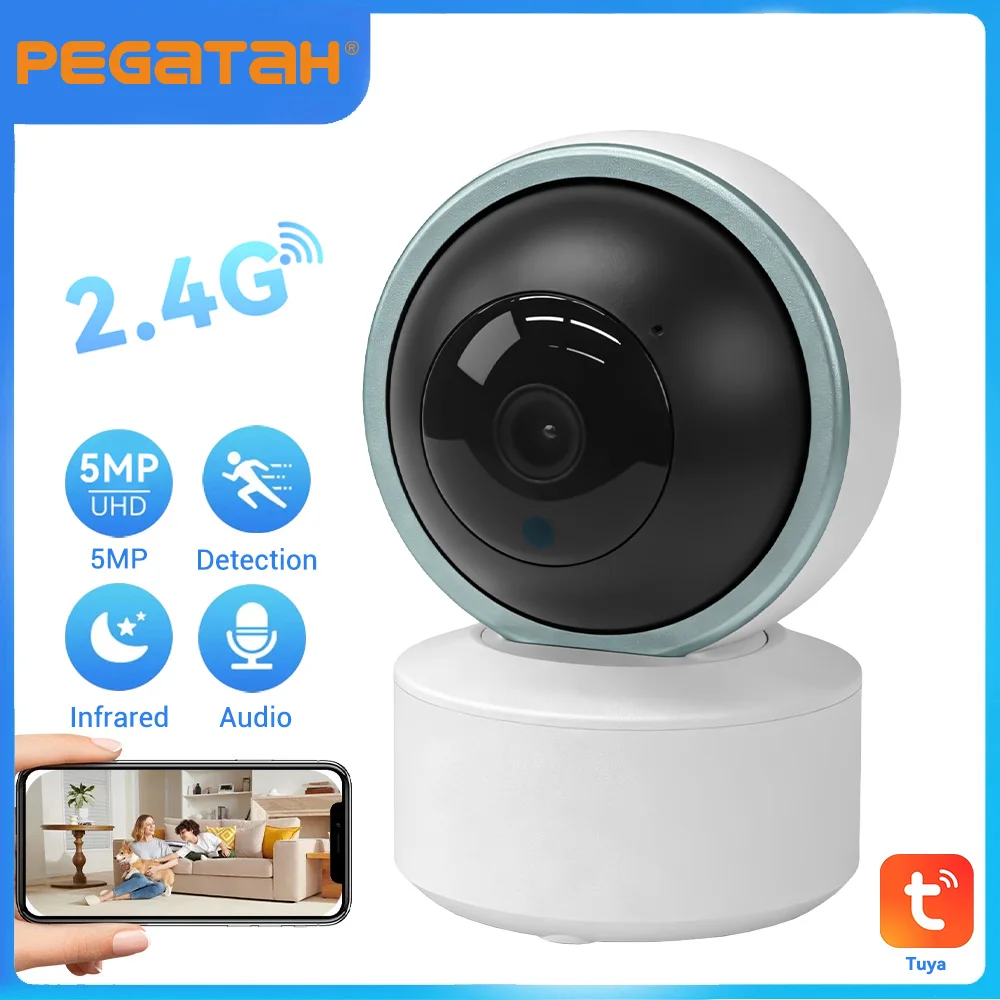 

Умная камера PEGATAH Tuya 2K для безопасности и наблюдения, Wi-Fi, 2.4ГГц, для помещений, ночное видение, 355 ° Панорамирование и наклон, двусторонняя аудиосвязь
