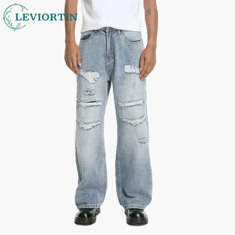 

Spring and Autumn Men's Retro Style Doing Old Vibe Broken Hole Grinding Leisure Trend Straight Tube Loose Washed Cowboy Pants