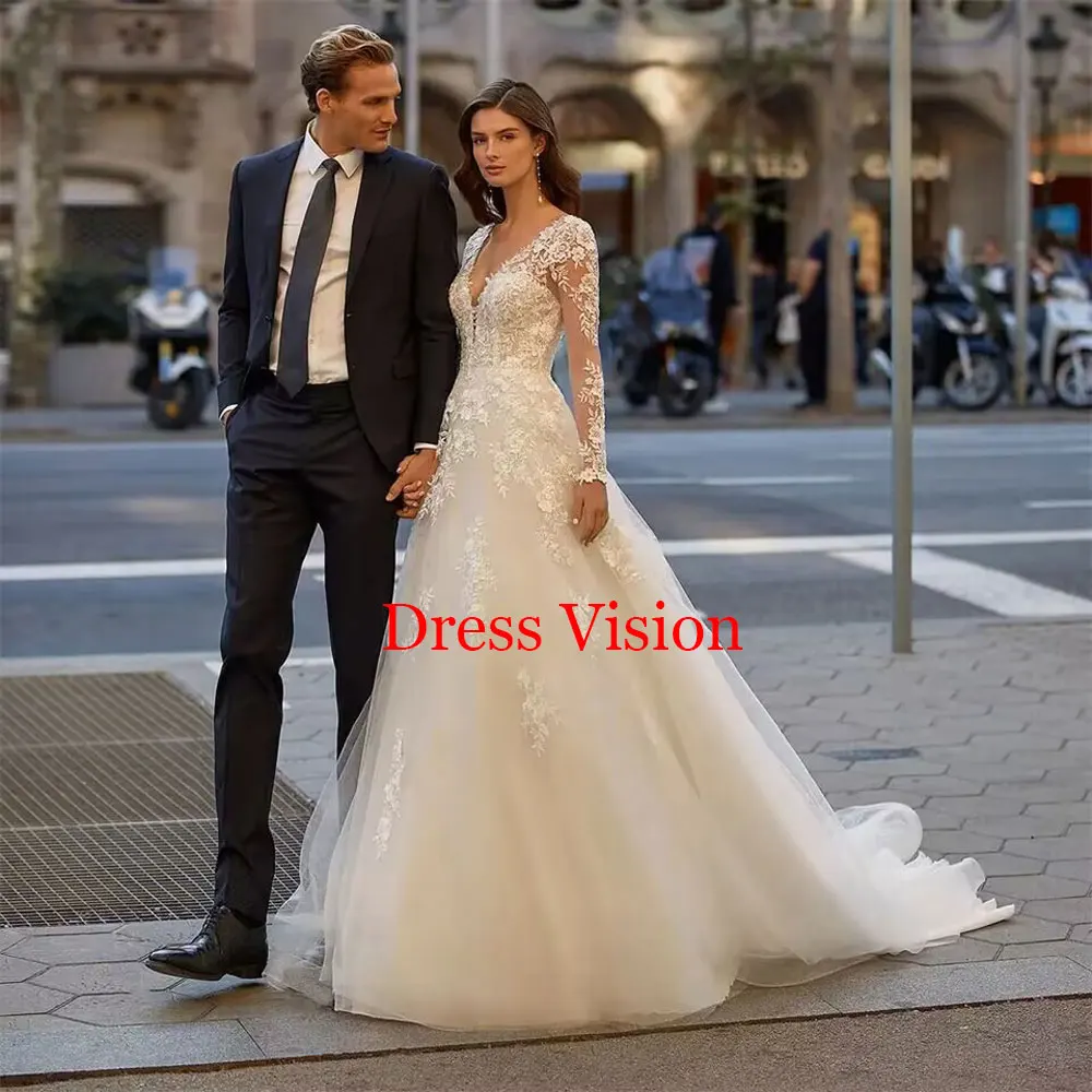 

Luxury A Line V Neck Wedding Dresses For Women Long Sleeves Bridal Gowns Lace Appliques Button Back Sweep Train Vestido De Novia