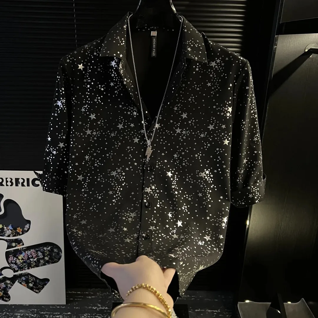 Men's Five-pointed Star Seven-quarter Sleeve Shirt 2026 Summer Fashion Slim-fit Printed Handsome Men's Shirt