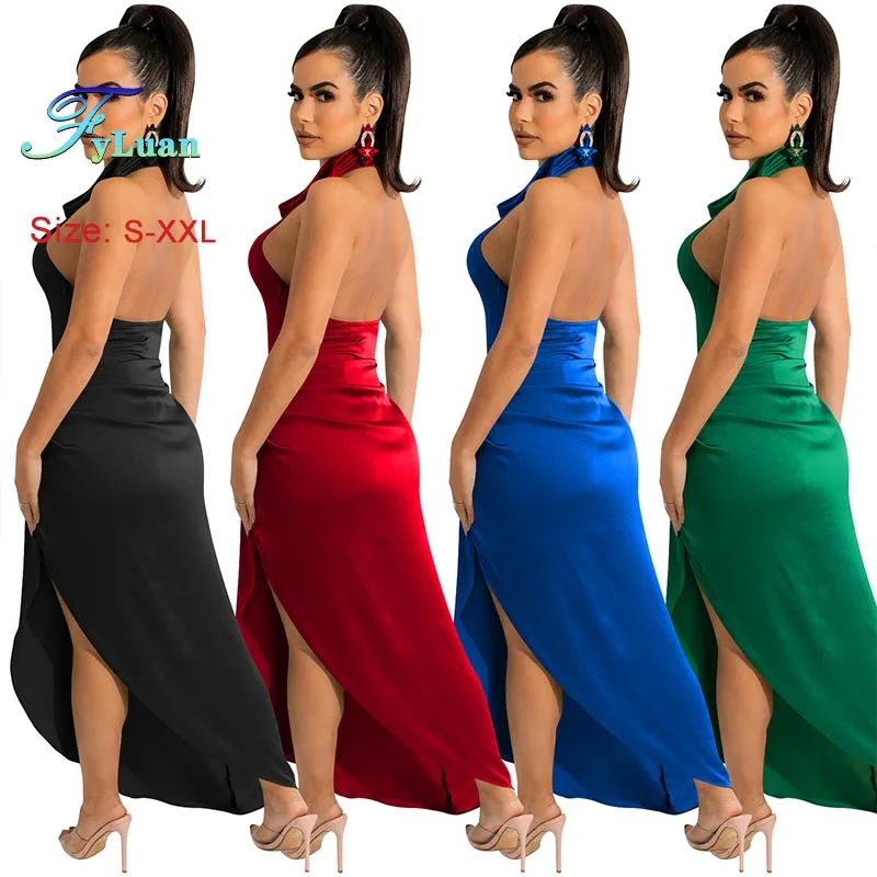 ファッションロングドレス レディース服 セクシー 無地 イレギュラーヘム スリット入り バックレス マキシドレス サテン ノースリーブ エレガント パーティードレス