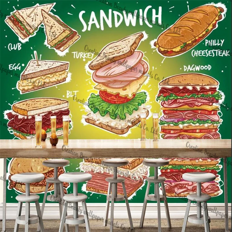 Hand Drawn American Sandwich Varietie Custom Mural for Fast Food Restaurant Industrial Decor Wallpaper Bakery Wall Paper 3D