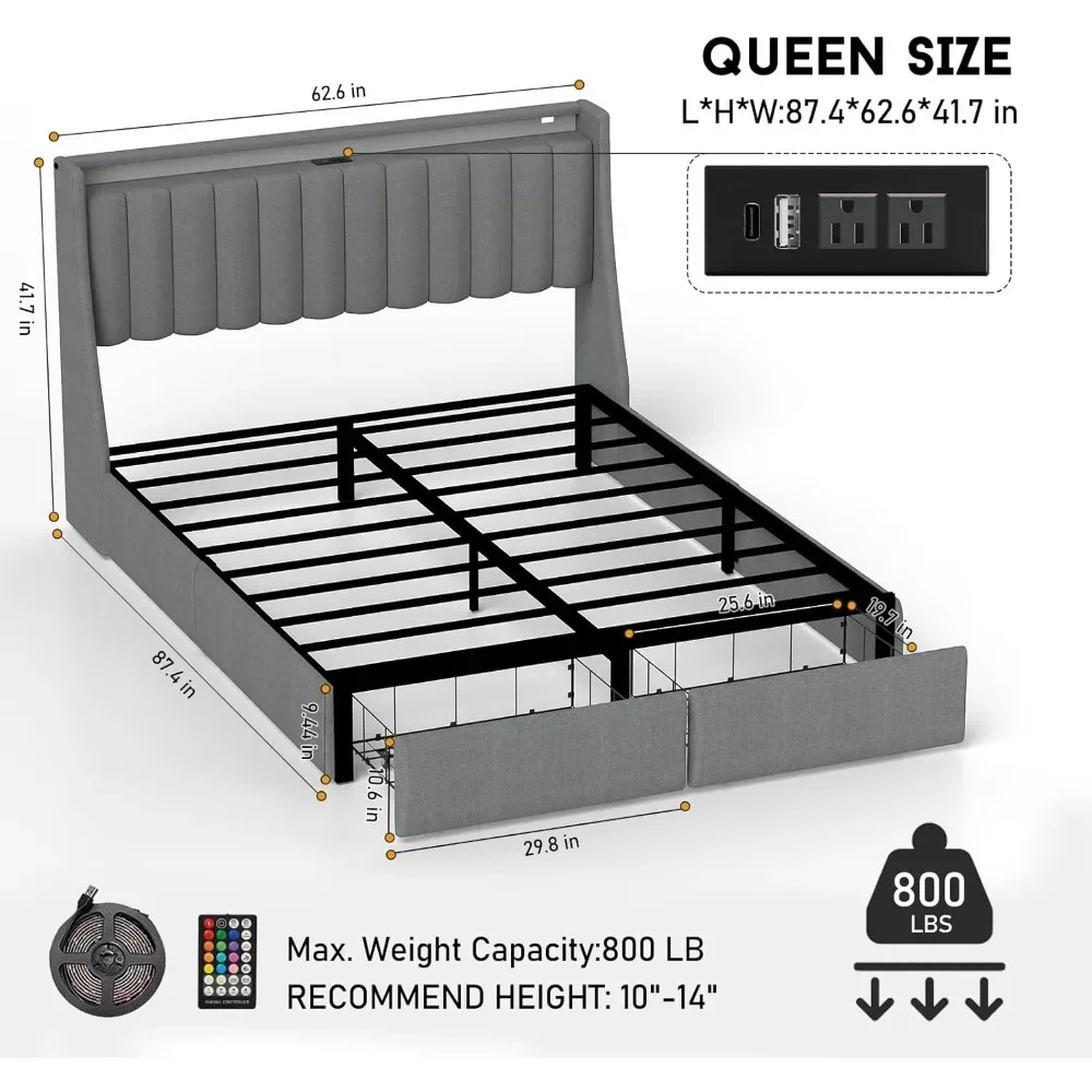 Bed Frame, 2 Storage Drawers and Luxury Wingback Upholstered Button Tufted Storage Headboard, Charging Station, Assembly, Beds