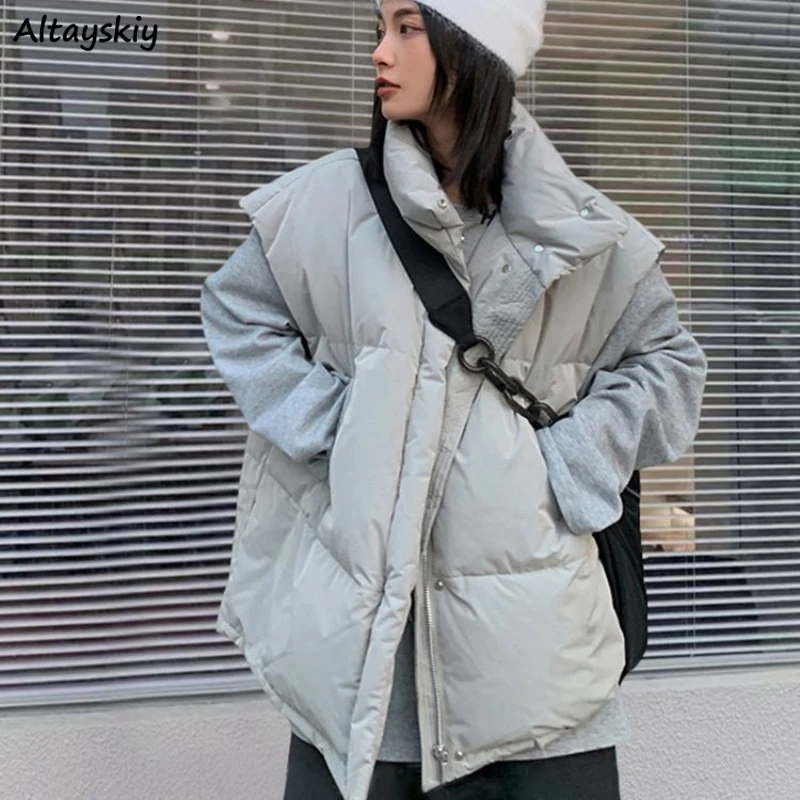 

Winter Vests for Women Warm Stand Collar Jacket Loose Fashion Korean Style College Thicken Sleeveless Coat Streetwear Chic Teens