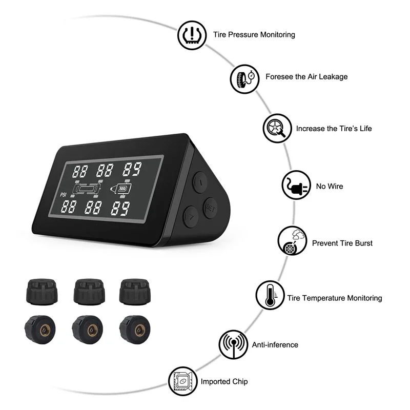 Sistem Pemantau Tekanan Ban Solar TPMS 6 Roda Sensor 199 psi untuk Truk, RV, Bus, dan Trailer