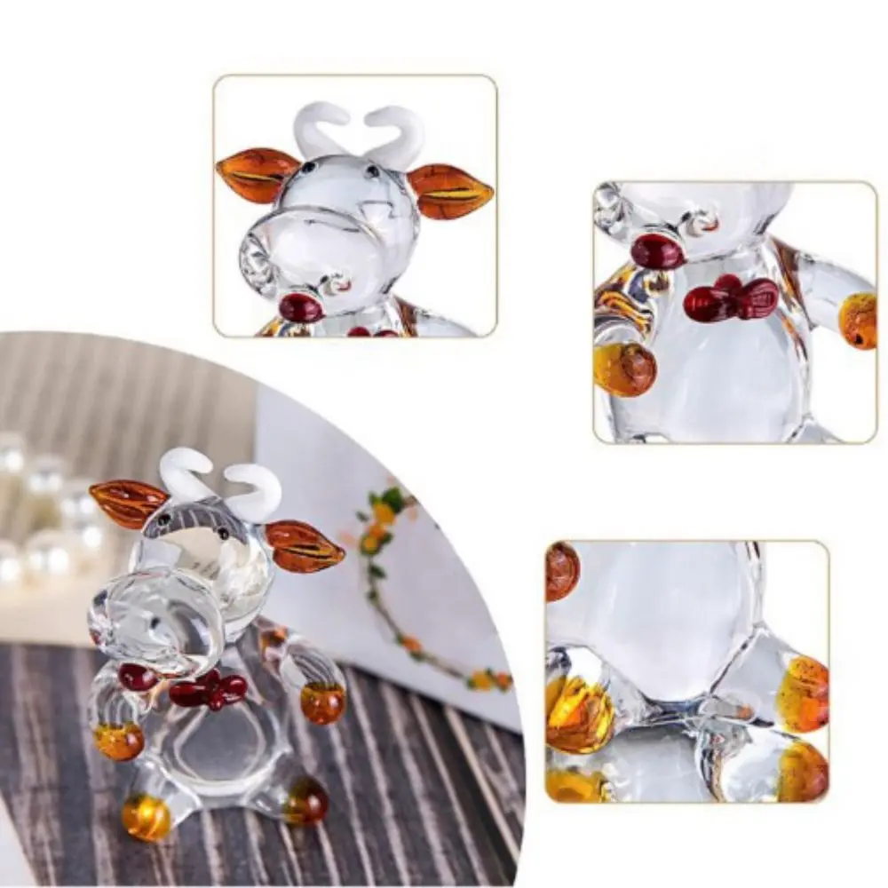 Funny Hand Blown Crystal Cow Ornament Small Cartoon Glass Cow Miniature Cute Animal Figurine New Year