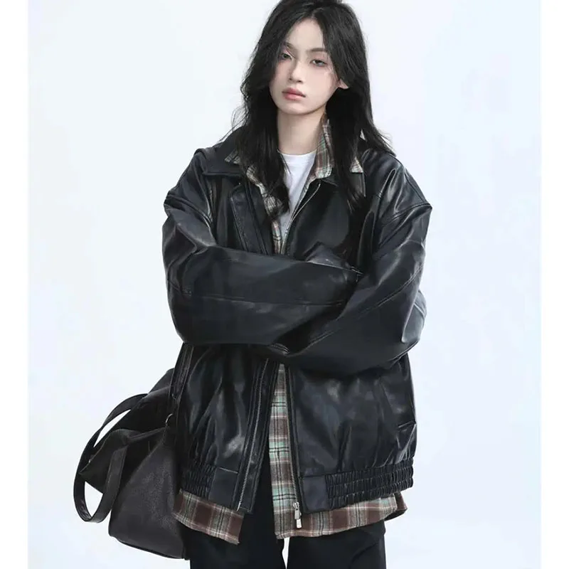 Veste rétro en Faux cuir pour femmes, mode printemps-automne, fermeture éclair, manteau en cuir à manches longues, vêtements d'extérieur en cuir PU, 2025