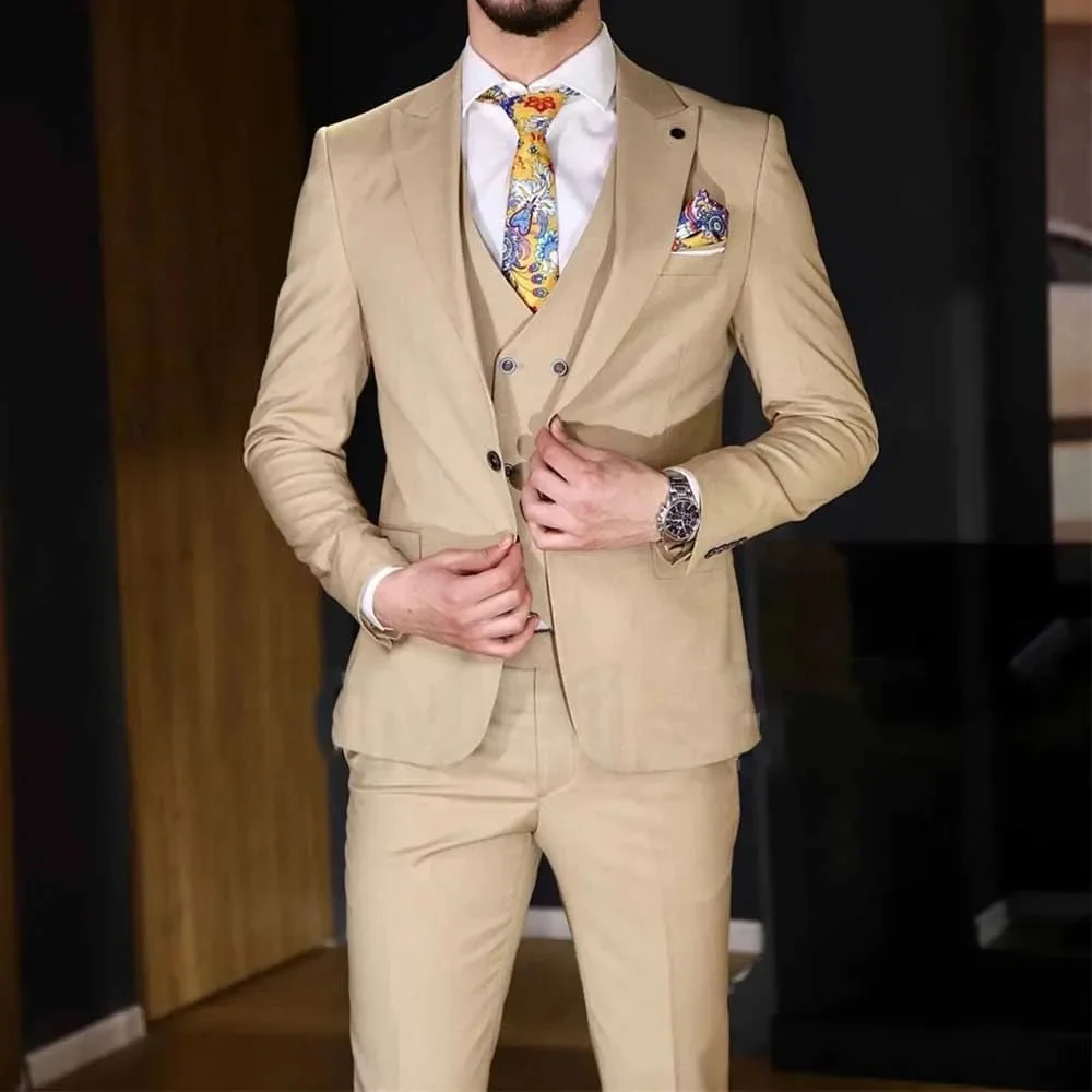 

3 Pieces New Men's Suit 2025 Peak Lapel Slim Fit Casual Tuxedos Groom Made (Blazer+Pants+Vest)