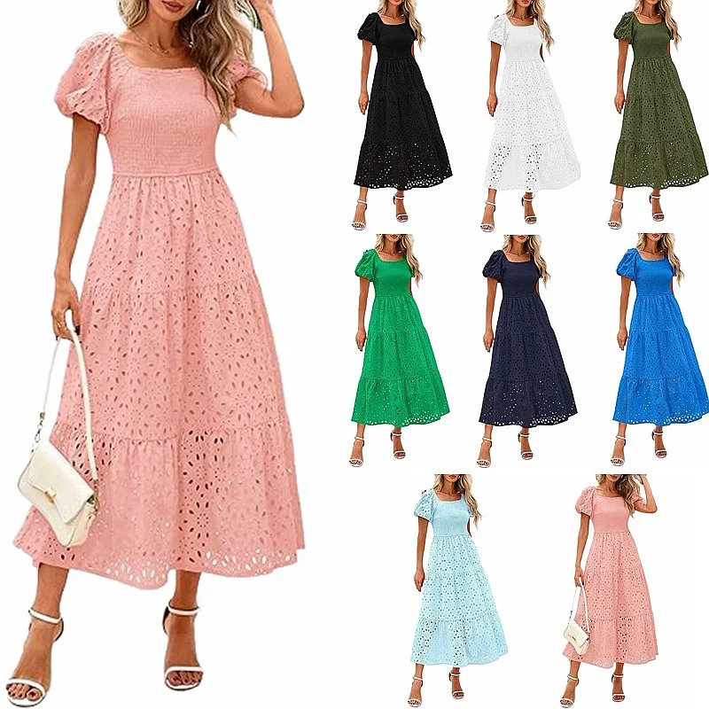 Women's Square Neck Bubble Sleeve Smocked Mesh Short Sleeve Dress Dresses Spring Summer