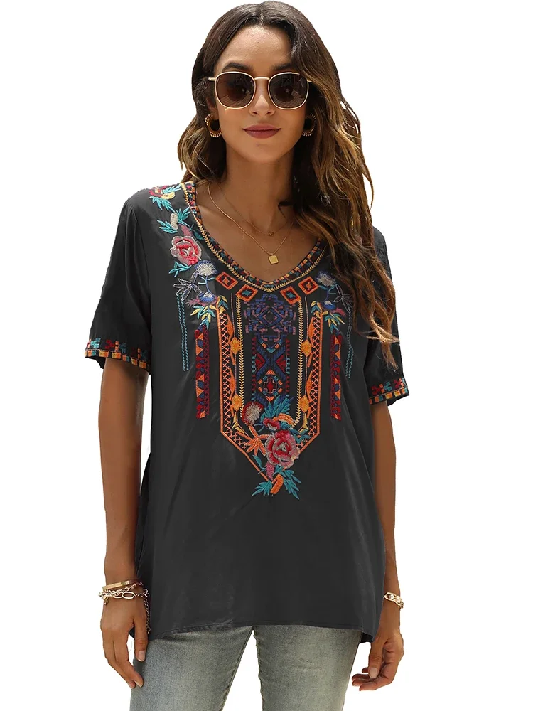 Khalee yose zwart gebloemd borduurwerk blouse tops boho vintage chique v-hals vrouwen shirt 23xl losse hippie dames vakantie shirt tops