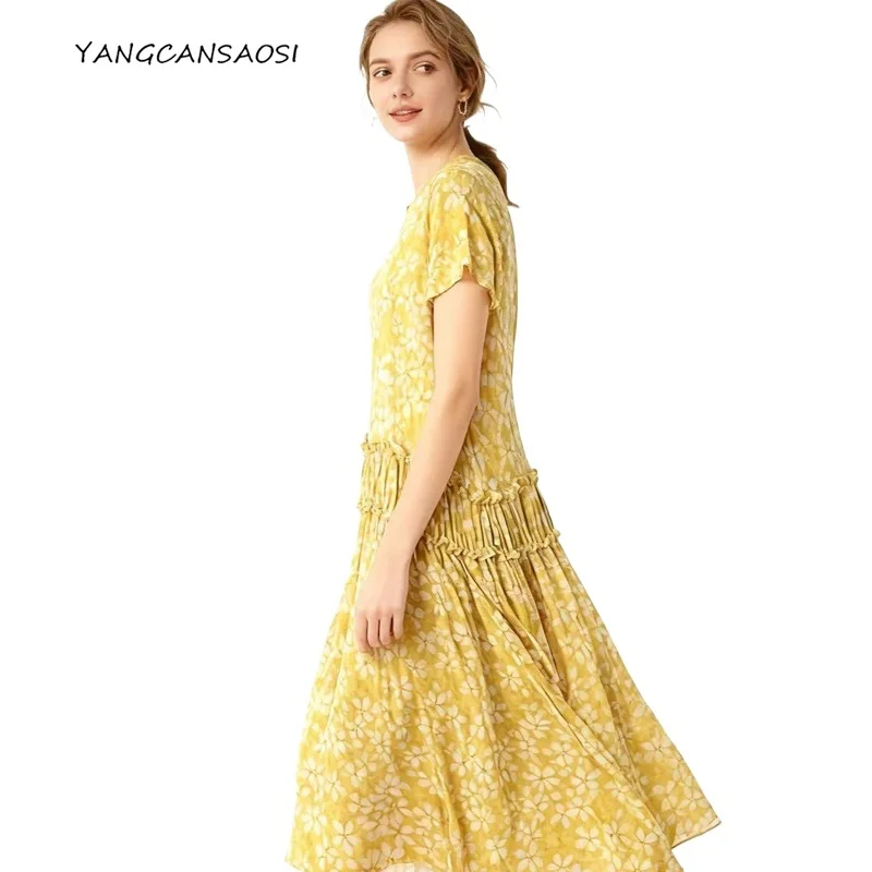 

2025 Women's Fashion Summer New Yellow Ink Printing 100% Natural Mulberry Silk Double Crepe Round Neck Short Sleeve Dress