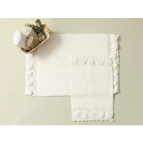 English Home Flower Love Cotton 2'li Bath Mat Set Ecru