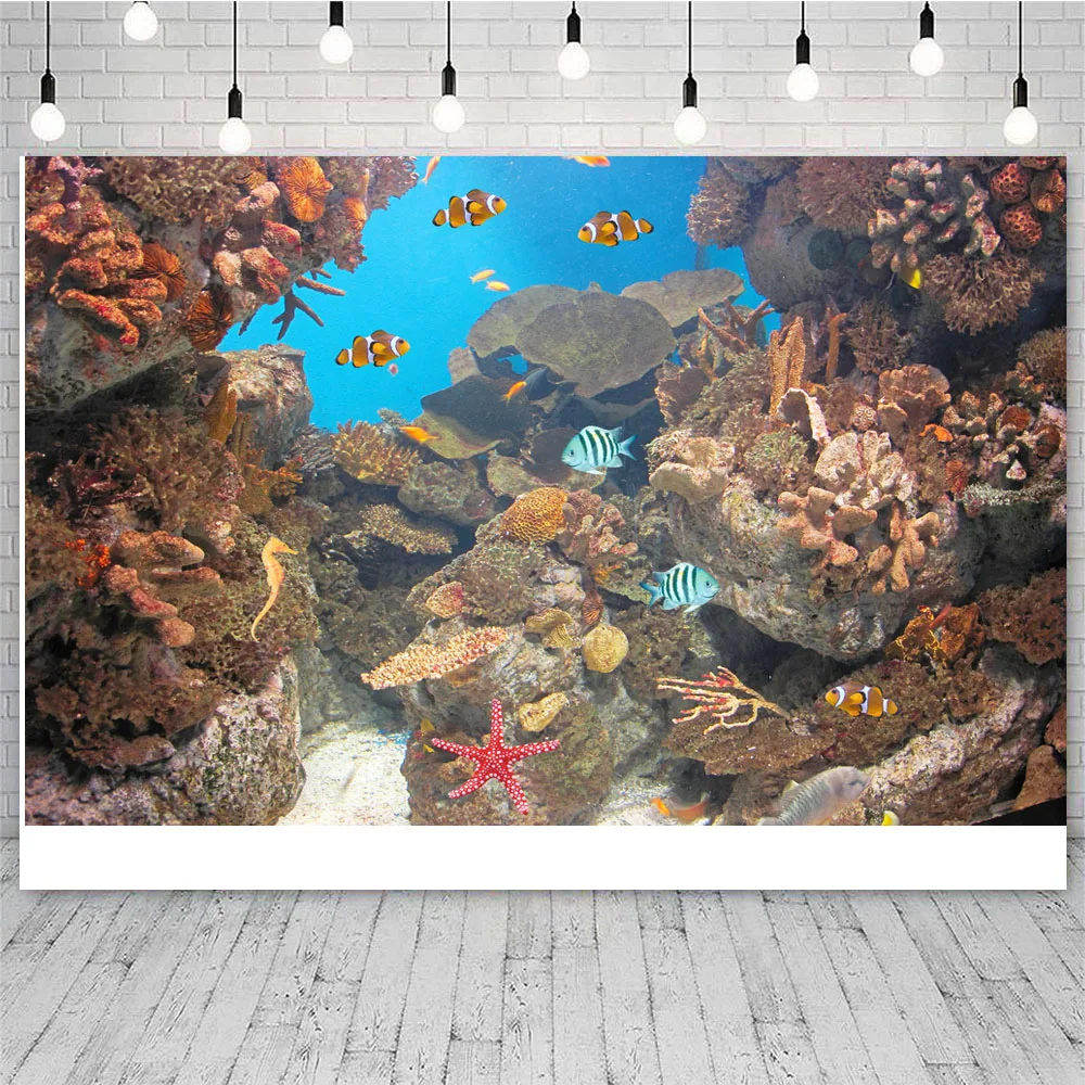 Underwater World Background Sea Turtle Ocean Bottom Fish Coral Baby Birthday Aquarium Photography Backdrop Decoration Poster