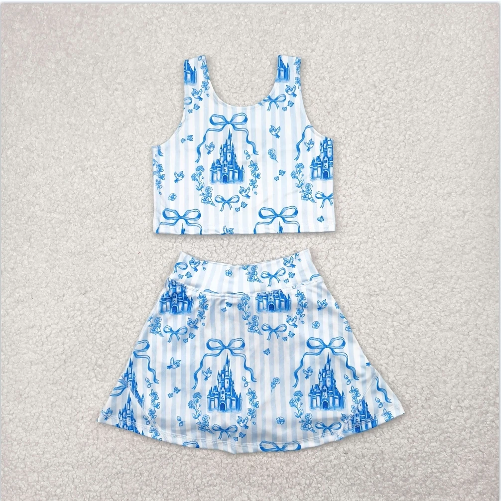 

New Swimsuits Sibling Baby Girls Blue Castles Vests Top Athletic Active Wear Top Shorts Skirts Clothes Sets Sports Kid Dress Set