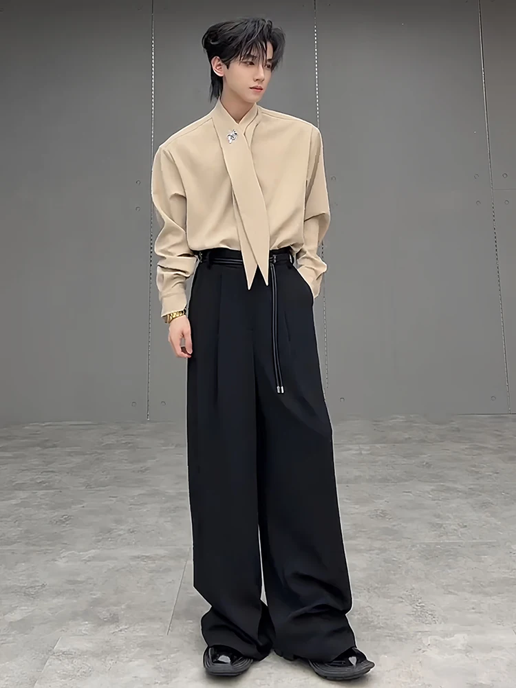 طقم رجالي أنيق من قطعتين مع تصميم حزام وحشوات للكتف قميص وبنطلون مجموعة خريفية عصرية من ليو بو #4