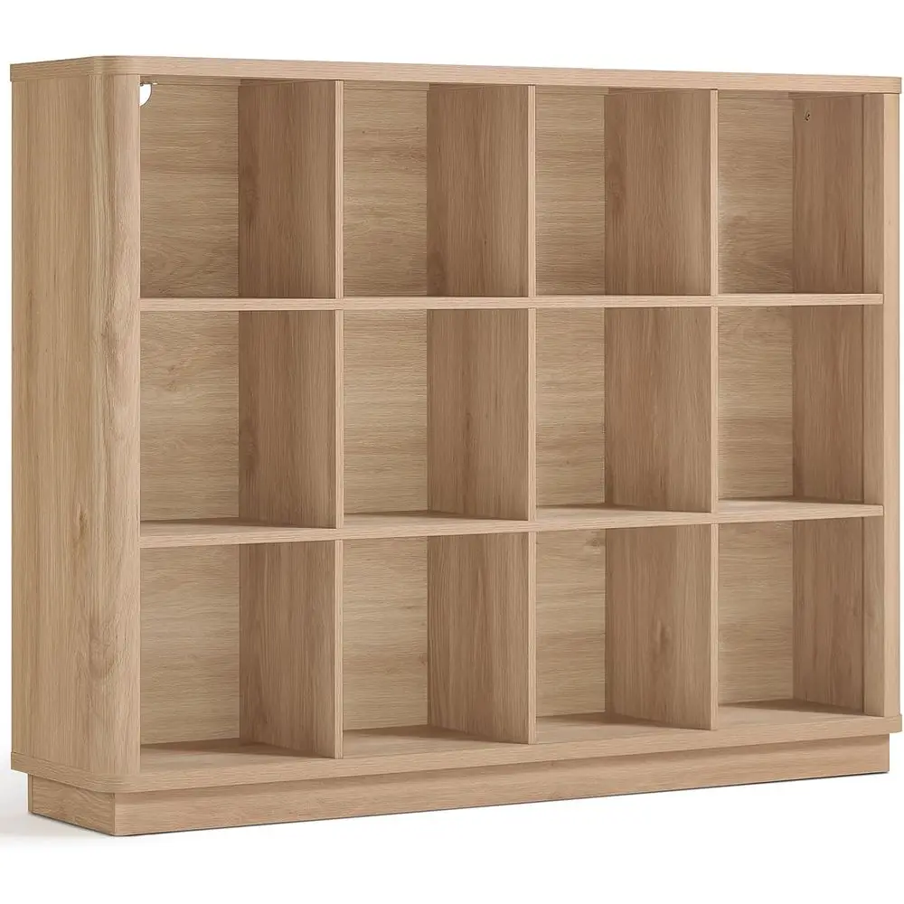

Large 41 3-Tier Cubby Bookcase with Curved Edge, Natural Oak Finish for Home and Office Storage