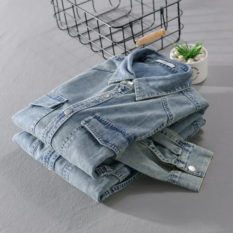 Spring Fall Long Sleeve Retro Blue Denim Shirt Men American Double Pockets Motorcycle Jean Shirts Streetwear Mens Cowboy Shirts