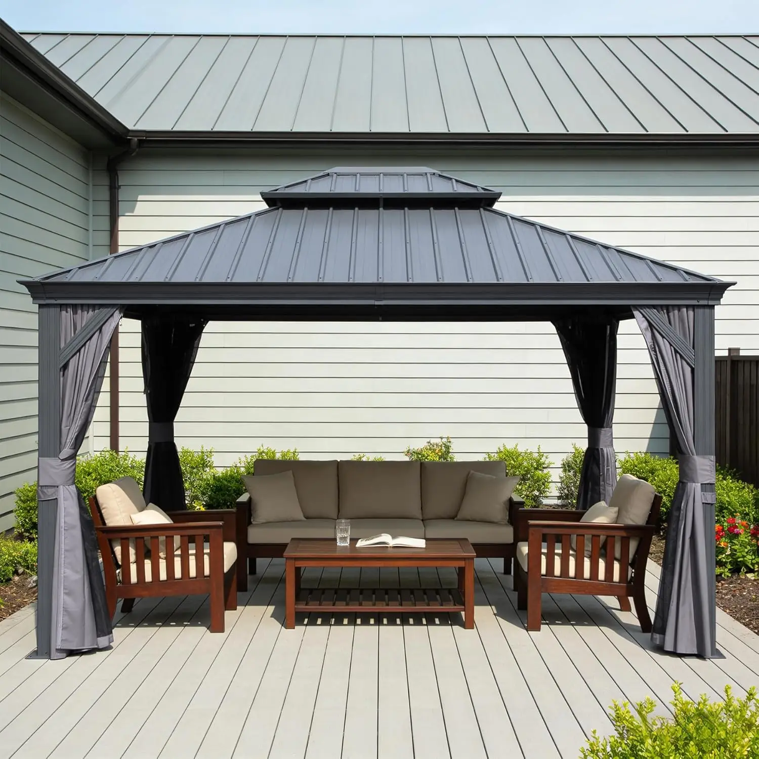 

11 X 13 Feet Outdoor Metal Gazebo, Hardtop Gazebo With Galvanized Steel Double Roof And Drainage, Curtains & Netting, Grey