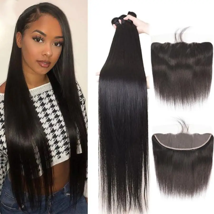 28 30 32 Inch Bone Straight 3 Bundles with 13x4 Transparent Lace Closure Front Brazilian Virgin Human Hair Extensions for Women