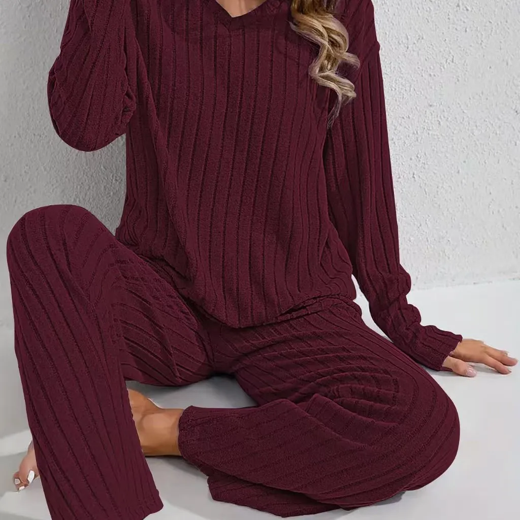 Pajamas For Women Polyester Vertical Rib Solid Pajamas For Women V Neck Long Sleeve Long Pants Set Loose Drape Women Wearable