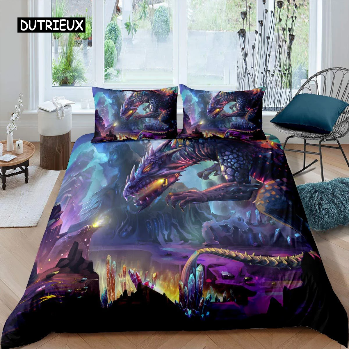 

Fire Dragon Duvet Cover Set Magical Dinosaur Bedding Set Jungle Animals Pattern Wildlife Style King Size Polyester Quilt Cover