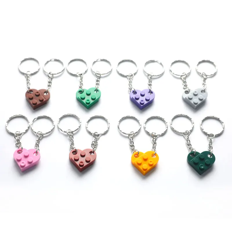 2Pcs Cute Love Heart Brick Keychain For Couples Friendship Women Men Girl Boy Building Blocks Elements Key Ring Birthday Gift