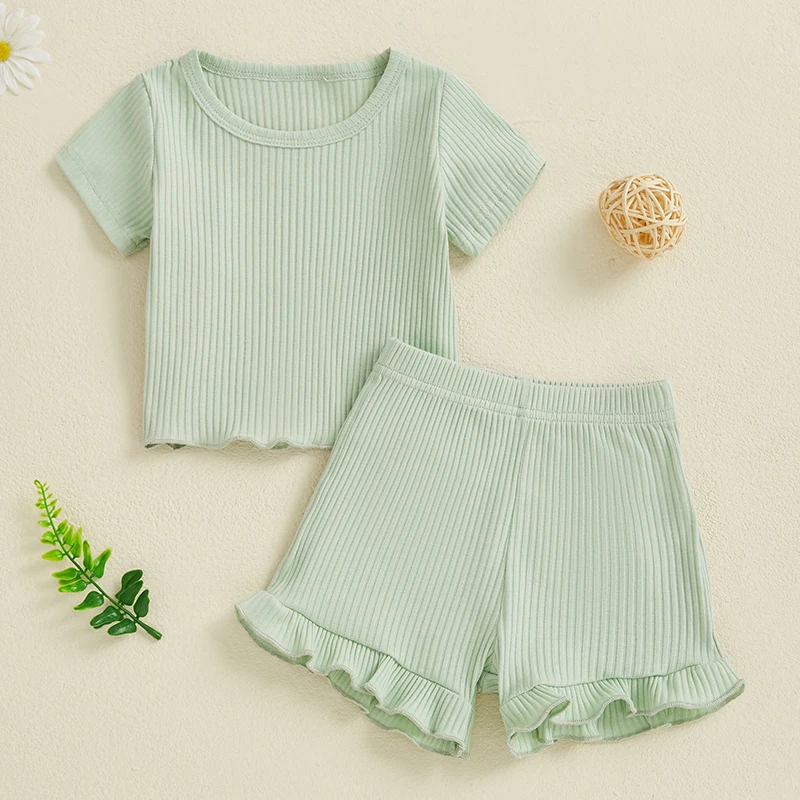 Infant Girl Summer Ribbed Set with Short Sleeve Top and Ruffle Shorts Elastic Waistband Solid Color 2 Piece Outfit