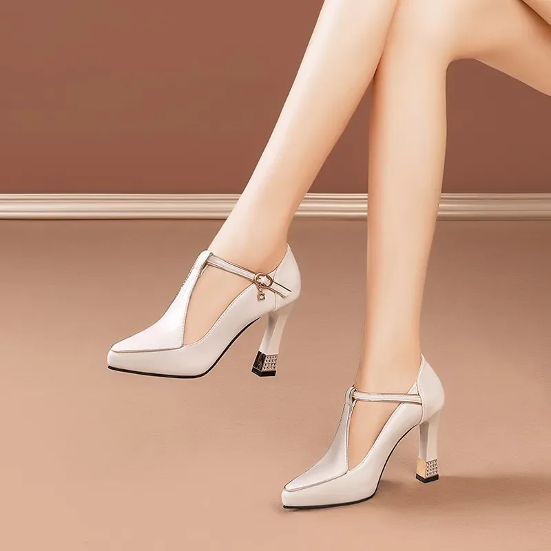 

9.5CM Buckle Strap Pumps Sexy Thin Heels Beautiful Women's Shoes T-tied Pointed Toe Pumps Leather Fashion Work Shoes SIZE 34-43