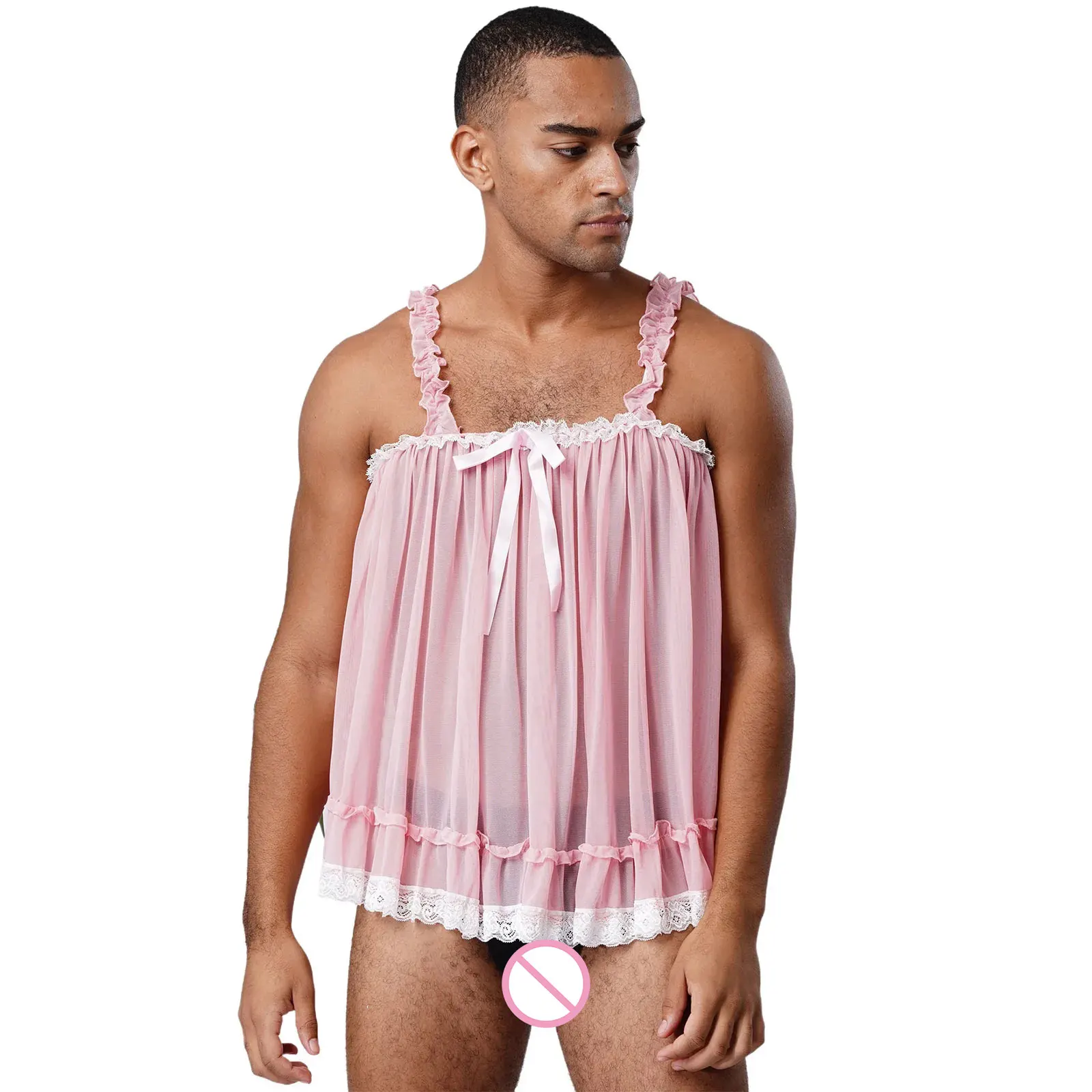 

Mens Male Sexy Sissy Sheer Mesh Top Ruffle Straps Bow See-Through Mesh Lace Trim Camisole Slip Top for Crossdresser Transvestite