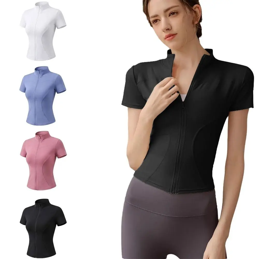 Casual Slim Fit Women's Sports Top Zip Front Short Sleeve Workout Shirt Seamed Paneling Solid Color Running Jacket Summer