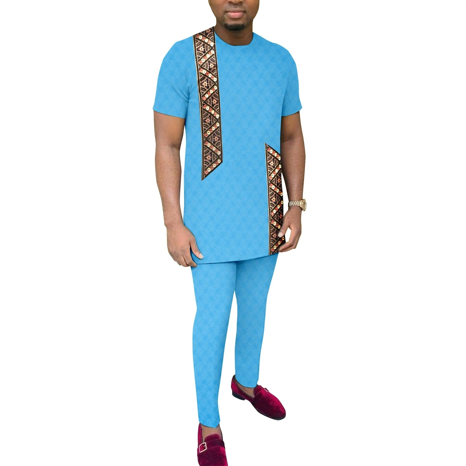 بدلة رياضية رجالية ملابس أفريقية Dashiki مطرزة بزرين قمصان وبنطلون 2 قطعة مجموعة ملابس أنقرة بدلات أفريقية #1