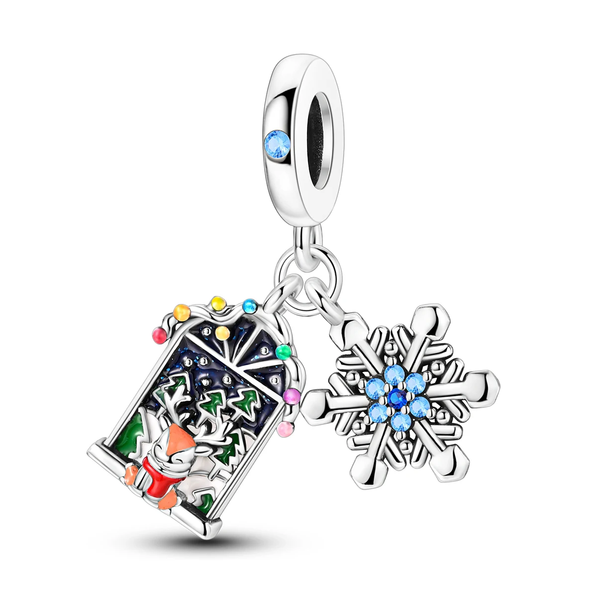 925 Sterling Silver Christmas Reindeer Window Snowflake Dangle Charm Enamel CZ Pendant For Women Bracelet Winter Christmas Gift
