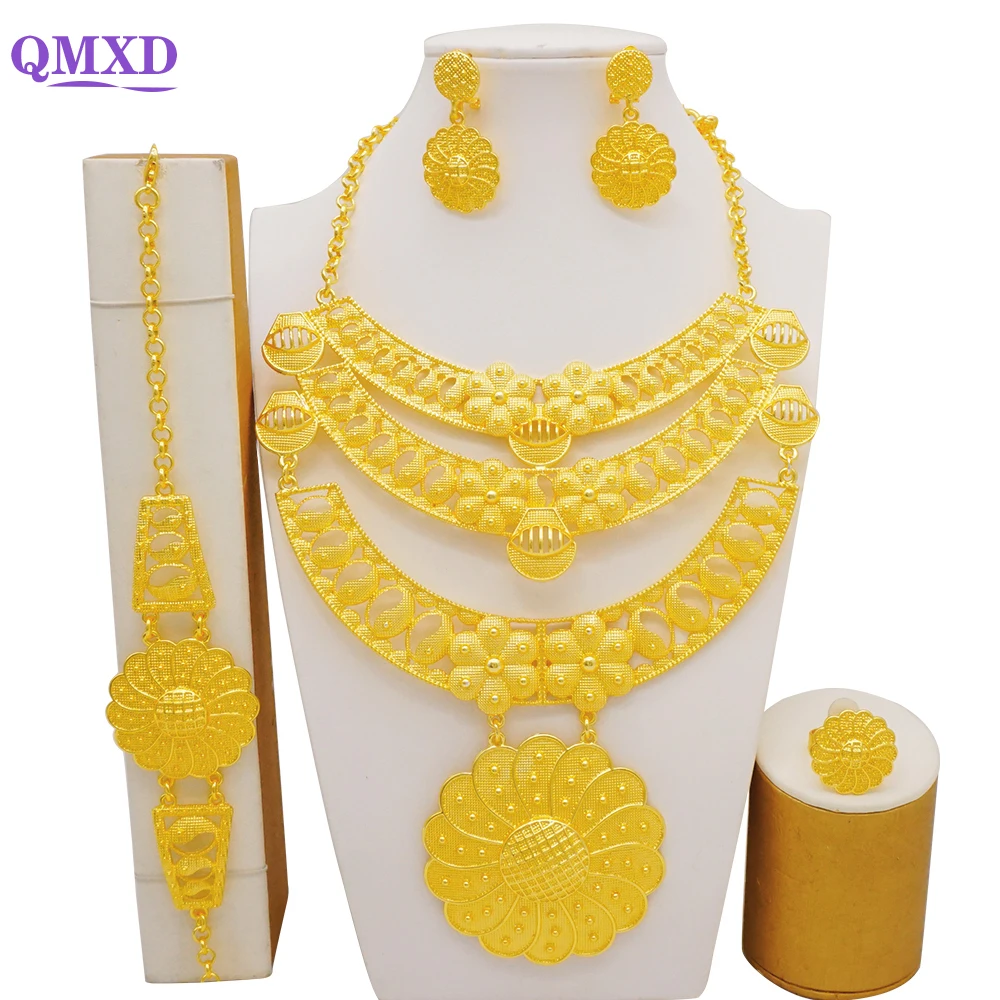 

Big Gold Color Flower Shape Necklace Sets Dubai Brazilian Jewelry Sets For Women Necklace Earrings Luxury Ethiopian Bridal Sets