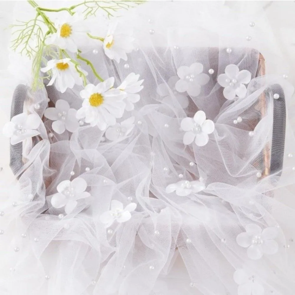 Hollow-out Pearl Tulle Table Runner 200x80cm DIY Tulle Gauze Table Cloth Semi Transparent Floral Pearl Tulle Fabric‌ Table Cover