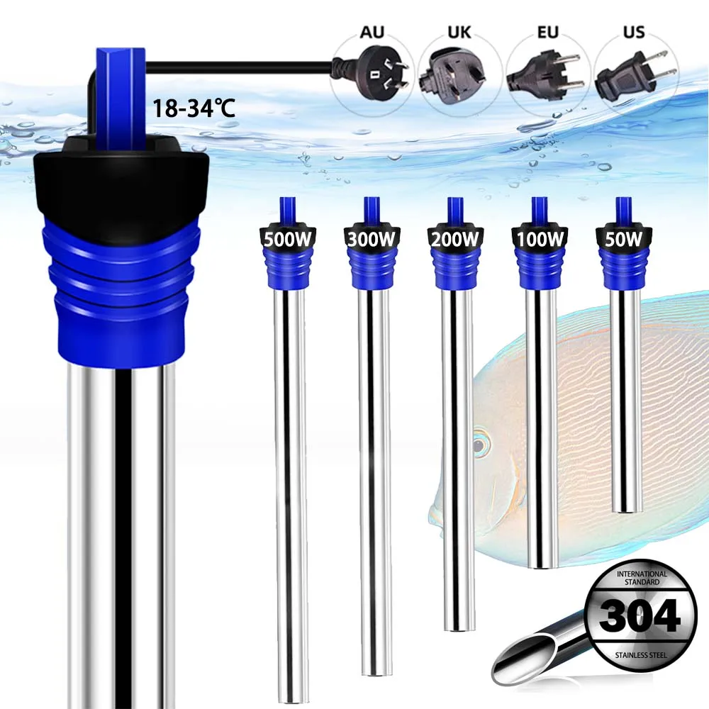 

110-240V Stainless Steel Aquarium Heater Adjustable Submersible Thermostat Constant Heating Rod Fish Tank 50/100/200/300/500W