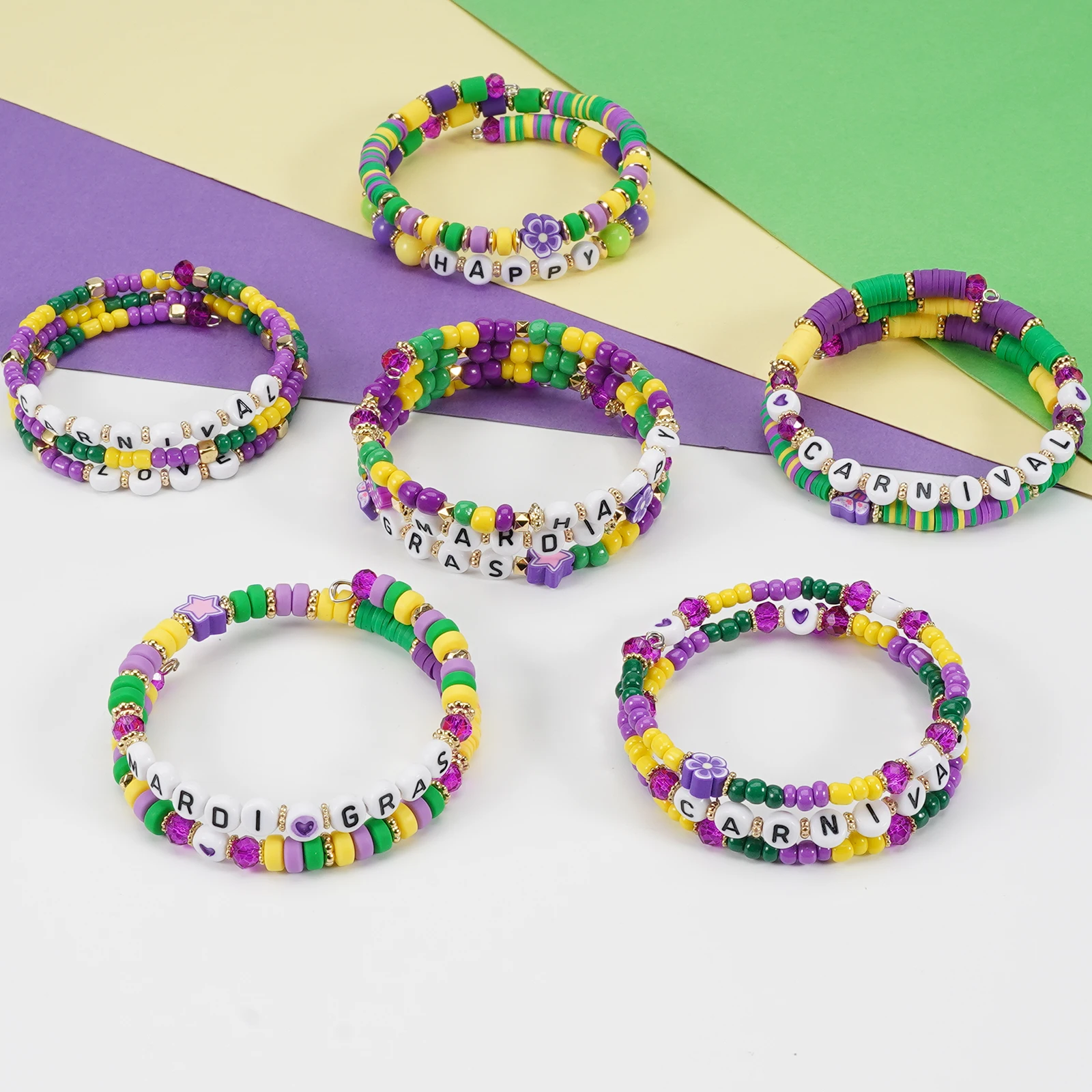 Mardi Gras Bracelets for Party Carnival Parade Holiday Beaded Heishi Bracelets Set for Women