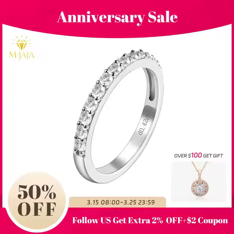 M-JAJA Half Eternity Moissanite Wedding Band 925 Sterling Silver Stackable Diamond Ring for Women 18K Gold Plated Trendy Jewelry