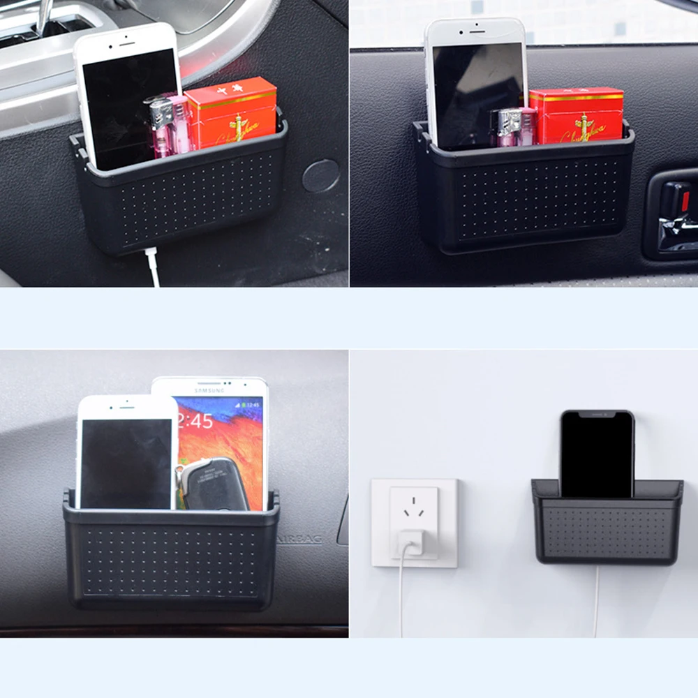 Adhesive Black Car Storage Case Universal Car Interior Storage Box with Reversed Charging Port Automobile Interior Accessories