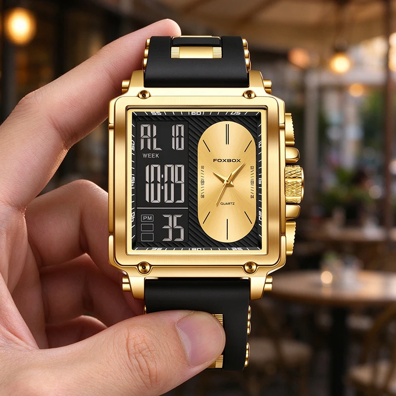 FOXBOX Men's Watch Dual Display Quartz Digital Watch Luxury Gold Square Waterproof Sports Wristwatch Male Clock Reloj Hombre+BOX