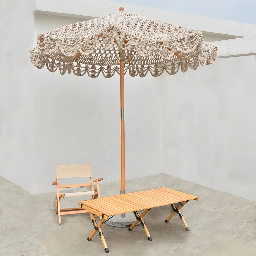 Bohemian Cotton Cord Lace Parasol 2.5m Wooden Pole Handmade Fringe Woven Canopy Beach Umbrella