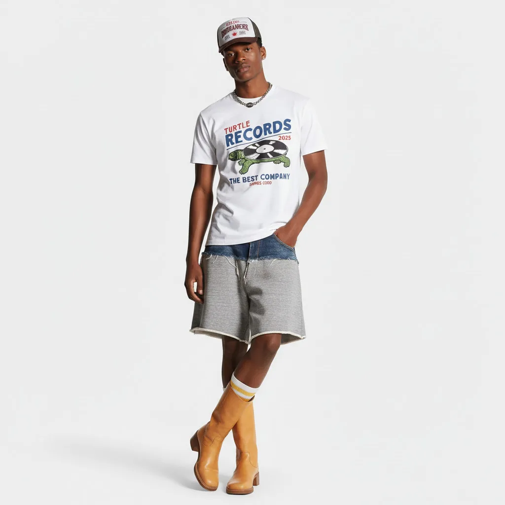 Small-scale American Retro Turtle Vinyl-themed Music Cotton Crew-neck Printed T-shirt, Summer Style for Both Men and Women