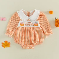 FOCUSNORM 0-18M Fall Baby Girls Halloween Plaid Romper Pumpkin Embroidery Doll Collar Long Sleeve Jumpsuits for Infant