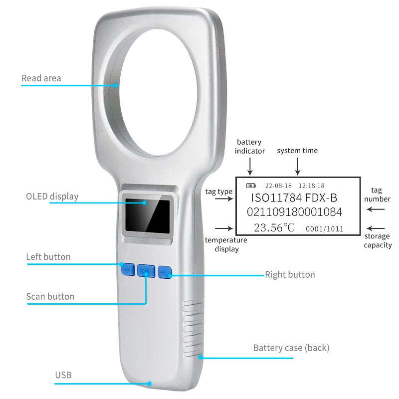 134.2KHz Animal Temperature Chip Reader RFID FDX-B Pet Temperature Measurement Scanner Gift Pet Temperature Glass Tag