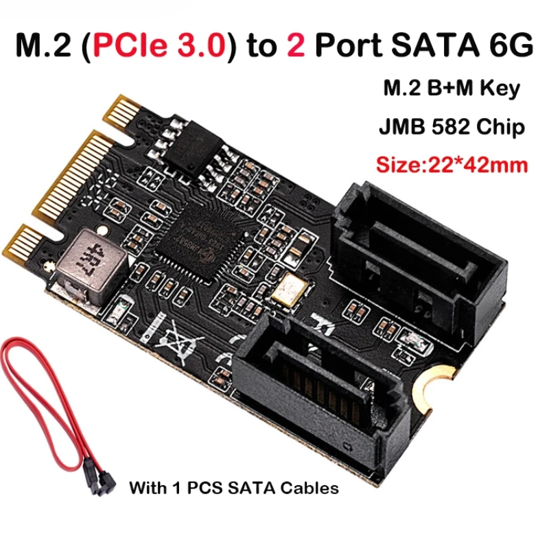 

2 Port SATA 6G M.2 PCIe3.0 M Key and B Key 22x42 Size with JMB582 Chip SATAIII Card SATA 6Gbbps for Embedded PC