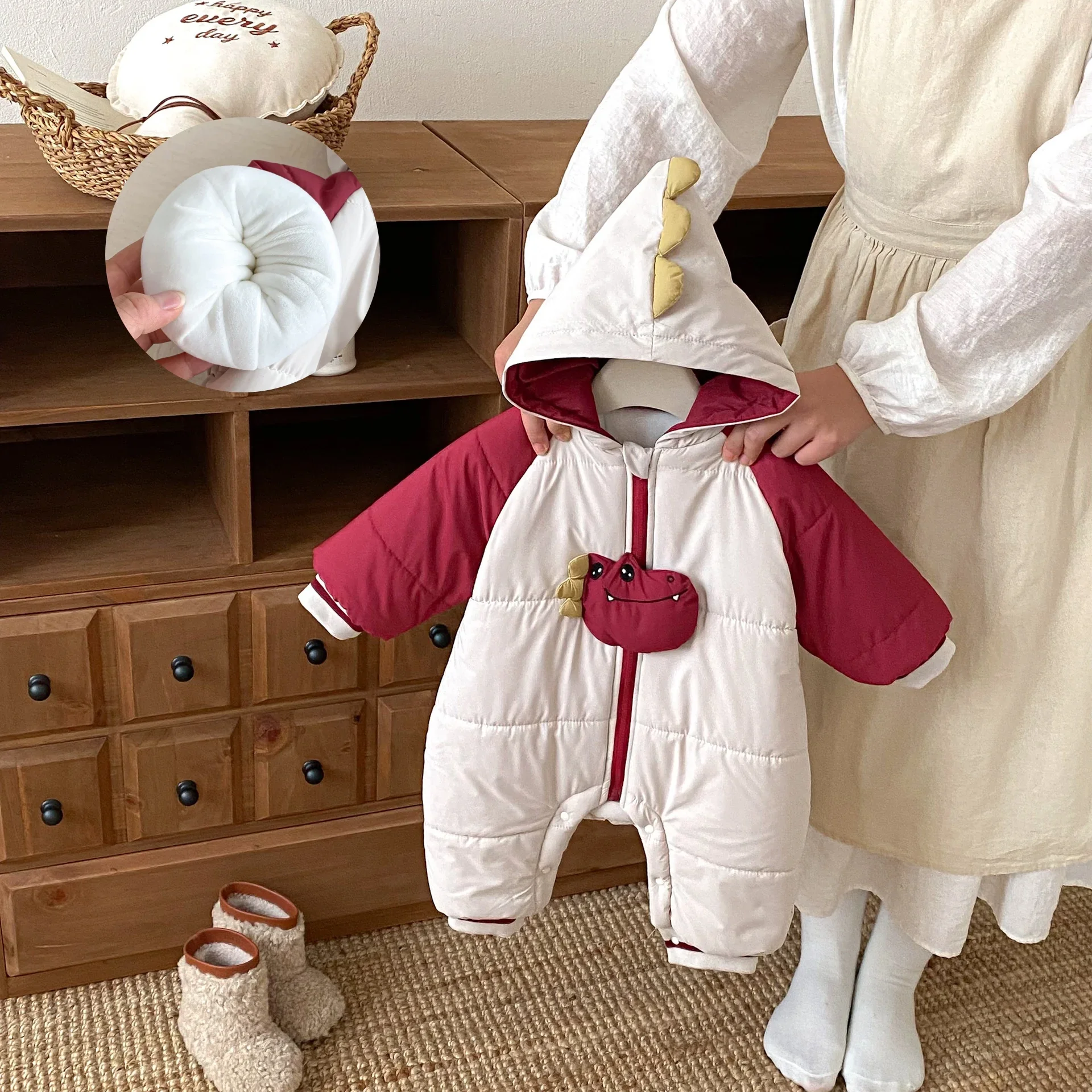 

Newborn Baby Cartoon Dinosaur Padded Romper 0-2Y Girls Boys Color Block Hooded Bodysuit Infant Fleece Warm Winter Crawler Outfit