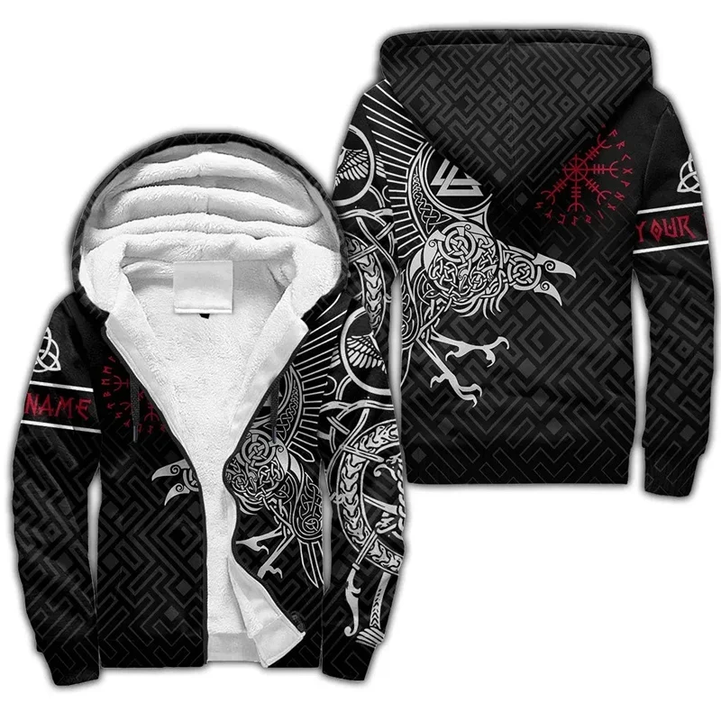 Winter Men's Zipper Hoodie Odin Raven Fenrir Wolf Tattoo 3D Print Thick Zipper Hoodie Unisex Fashion Casual Hooded Wool Jacket