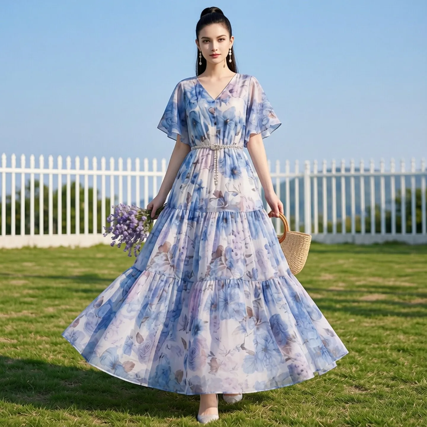 

Elegant Floral Print Chiffon Maxi Dress Women's Holiday Beach Photography Waist-Cinching Summer Long Skirt Soft Draping