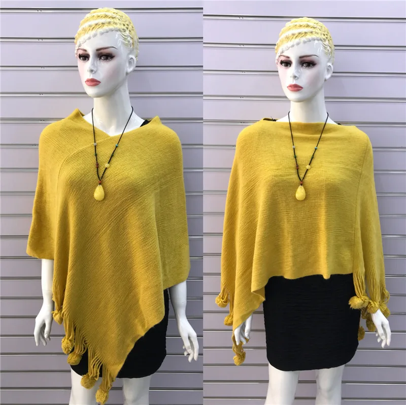 Korean Version Of Spring Autumn Women Shawl Hanging Ball Solid Color Knitted Hanging Ball Cloak Lady Coat Leisure Yellow