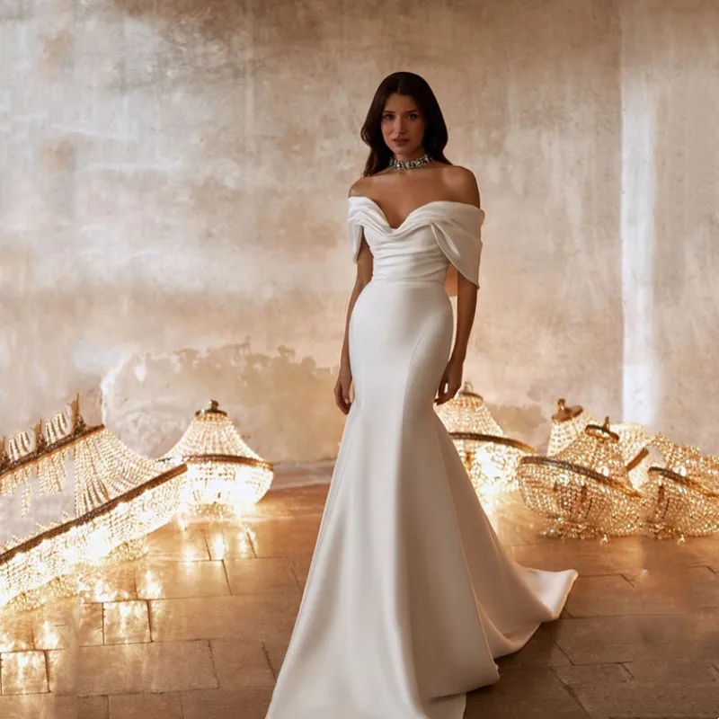 

Simple Satin Ivory Mermaid Wedding Dresses Sexy Strapless Off Shoulder Bridal Gowns Plest Backless Button Sweep Train Customized